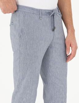 Koyu Mavi Ex. Slim Fit Keten Kar___ml_ Kuma_ Pantolon