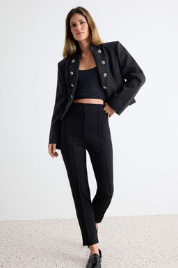 Siyah Toparlay_c_ Y_ksek Bel Nerv_rl_ Beli Lastikli Slim Fit Kal_n _rme Pantolon TWOAW24PL00114
