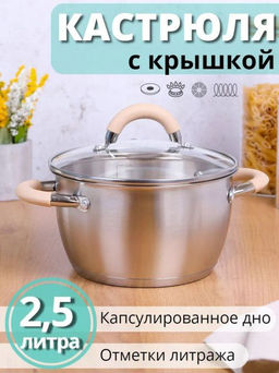 Кастрюля Fortuna 2.5 л, нерж сталь с крышкой, матовый корпус, ручки с силиконом арт.007218 /Mallony/