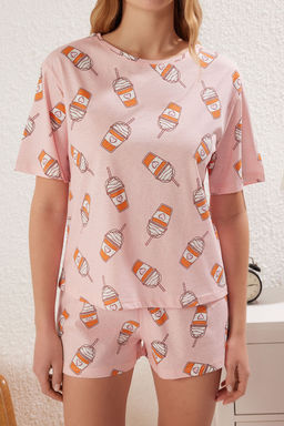 Pembe %100 Pamuklu Eglence Bask?l? Sortlu Orme Pijama Tak?m? THMSS25PT00176