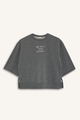 Oversize Geni_ Kal_p Bisiklet Yaka Bask_l_ Sweatshirt K_z _ocuk - Defacto фото 4