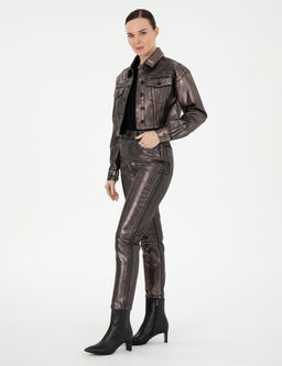 Parlak Antrasit Mom High Waist Fit Jean Pantolon
