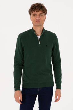 Erkek Slim Fit Yar_m Fermuarl_ Koyu Ye_il Basic Kazak