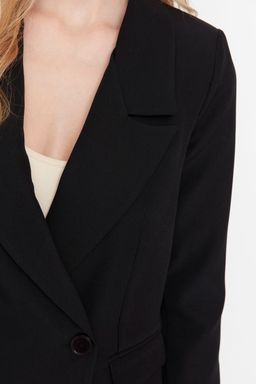 Siyah Regular Astarl? Kruvaze Kapama Dokuma Blazer Ceket TWOSS20CE0059