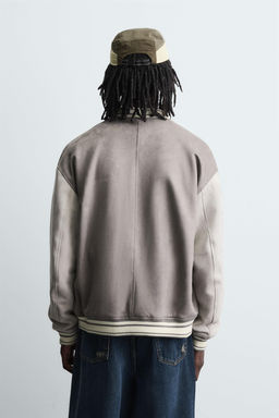 FAUX SUEDE BOMBER JACKET WITH PATCHES