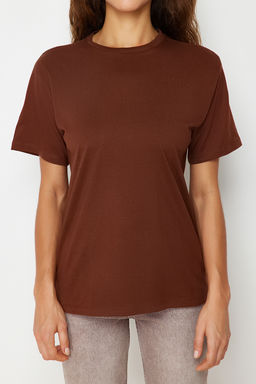 Kahverengi %100 Pamuk Bisiklet Yaka Oversize/Genis Kal?p Orme T-Shirt TWOSS20TS0134