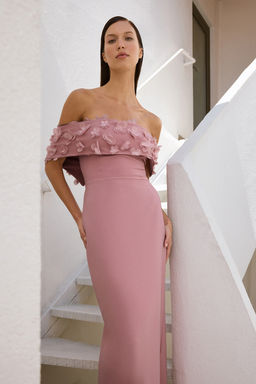 TRENDYOLMILLA Gul Kurusu Carmen Yaka Cicek Aplike Detayl? Dokuma Uzun S?k Abiye & Mezuniyet Elbise TPRSS25AE00107  фото 16