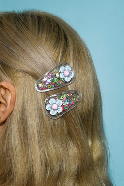 Набор заколок для волос клик-клак, арт. 71729 / 10 ЦВЕТОЧКИ (в наборе: 2шт., 5,5 см, черный металл, поливинилхлорид, полиуретановая смола, цвет: разноцветный, подложка из мелованного картона + ПЭТ-пакет с европодвесом)