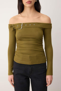 Haki Kemer Aksesuar Detayl? Fitted/Vucuda Oturan Carmen Yaka Orme Bluz TWOAW26BZ00323 - Trendyolmilla фото 3