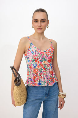 Cok Renkli Cicekli Regular/Normal Kal?p V Yaka Ince Ask?l? Kolsuz Dokulu Orme Bluz TWOSS26BZ00620