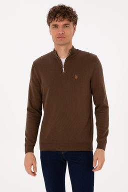 Erkek Slim Fit Yar_m Fermuarl_ Kahverengi Basic Kazak