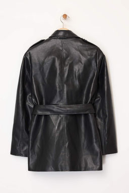 Siyah Suni Deri Kruvaze Regular Midi Trenckot TWOAW26TR00007 - Trendyolmilla фото 6