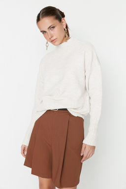 Ekru Genis Kal?p Yumusak Dokulu Basic Triko Kazak TWOAW23KZ00490