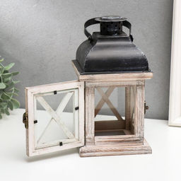 Деревянный подсвечник - фонарь на 1 свечу «Ставни», состаренный, 22×11.5×11.5 см