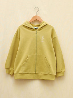 Kap??onlu Bask?l? Uzun Kollu K?z ?ocuk Fermuarl? Sweatshirt