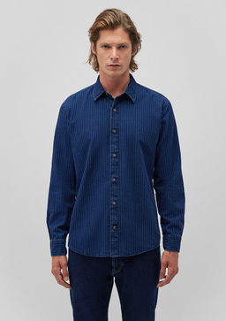 Cizgili Denim Gomlek - Mavi фото 3