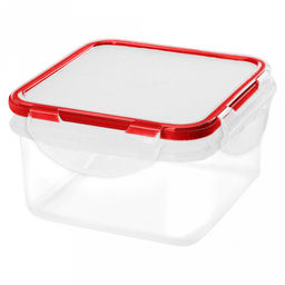 Modena Контейнер для продуктов пластмассовый 1,2л, квадратный, 15,5х15,5х8,6см, прозрачный, с красной оконтовкой, подходит для СВЧ (Россия)