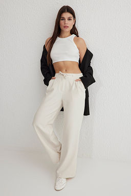 Beyaz Ba_c_kl_ D___k Bel Wide Leg/Geni_ Pa_a Dokuma Pantolon TWOSS25PL00042