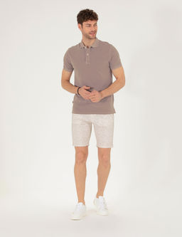 Bej Slim Fit Beli Lastikli Desenli Bermuda _ort
