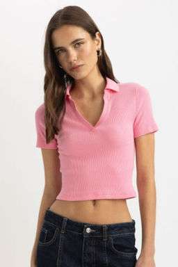 Slim Fit Dar Kesim Fitilli Kaskorse K?sa Kollu Polo Tisort