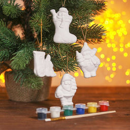 Ёлочные украшения под роспись с подвесом Чудо, набор 4 шт., кисть