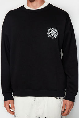 Siyah Oversize/Genis Kesim Cicek Nak?sl? Ici Polar/S?cak Tutan Sweatshirt TMNAW24SW00012