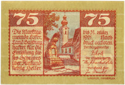 Банкнота 75 геллеров 1921 года Австрия  община Лофер в Зальцбурге (Нотгельд)