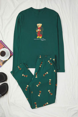 Yesil Regular Fit Ay?c?k Bask?l? %100 Pamuk Orme Pijama Tak?m?