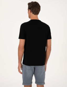 Siyah Regular Fit Bask_l_ Bisiklet Yaka T-shirt