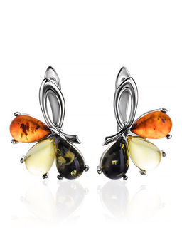 Яркие серьги с натуральным янтарём трёх цветов Одуванчик