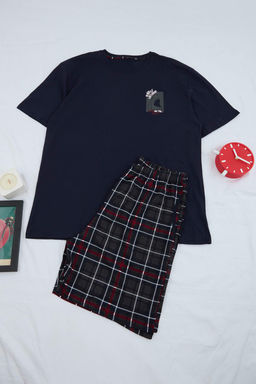 Buyuk Beden Lacivert Regular Kesim Kopek Bal?g? Bask?l? Ekose Orme Pijama Tak?m? TMNSS26AI00015