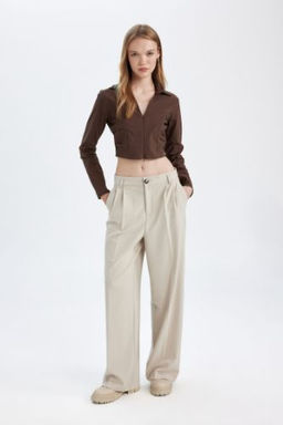 Klasik Pantolon Wide Leg Genis Bol Paca Fleto Cepli Yuksek Bel Standart Boy Basic Duz