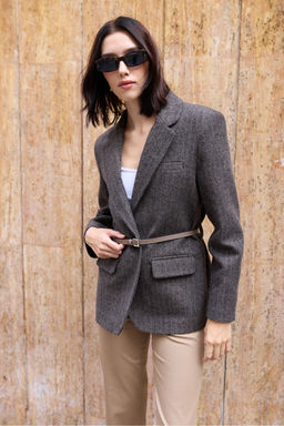 Kahverengi Kase Cizgili Kemerli Dokuma Blazer Ceket TWOAW26BC00072