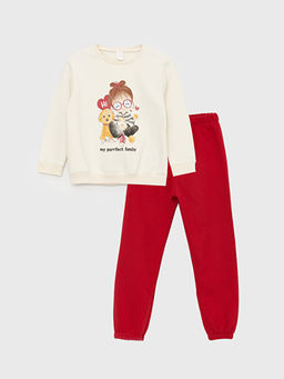 Bisiklet Yaka Bask?l? K?z Bebek Sweatshirt ve Pantolon