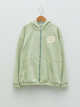 Kap??onlu Nak??l? Uzun Kollu K?z ?ocuk Fermuarl? Sweatshirt