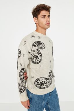 Trendyolmilla Man Bej Oversize Sal Desenli Bisiklet Yaka Triko Kazak TMNAW23KZ00104  фото 3