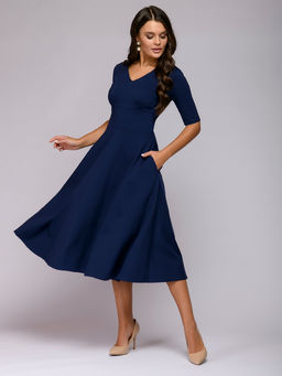 Платье синее длины миди с глубоким вырезом и рукавами 1/2 - 1001dress фото 2