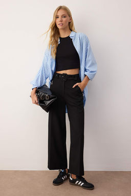 Siyah Kemerli Fermuar Cep Detayl? Wide Leg/Genis Paca Kumas Pantolon TWOAW26PL00050