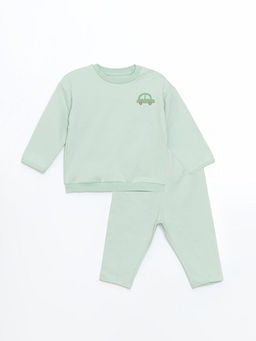 Bisiklet Yaka Bask?l? Erkek Bebek Sweatshirt ve E?ofman Alt 2li