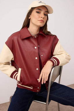 Bordo-Krem Oversize Kal?p Suni Deri Kolej Bomber Ceket Mont TWOAW26MO00006