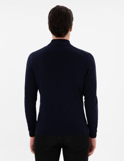 Lacivert Slim Fit Y_n Kar___ml_ Yar_m Bal_k__ Yaka Basic Triko Kazak