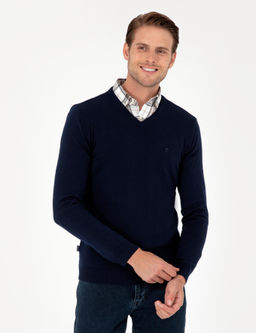 Lacivert Slim Fit V Yaka Basic Triko Kazak