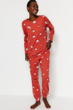 Trendyolmilla Gri %100 Pamuklu Goz Desenli T-shirt-Jogger Orme Pijama Tak?m? THMAW22PT0270