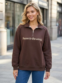 K13554 Толстовка с вышивкой OVER SIZE хлопок КОРИЧНЕВЫЙ