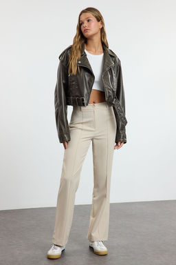 Vizon Straight/Duz Kesim Yuksek Bel Nervur Dikisli Dokuma Pantolon TWOSS21PL0093