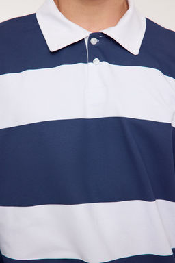 Indigo Oversize/Genis Kesim Cizgili Polo Yaka Sardonsuz Sweatshirt TMNAW25SW00023