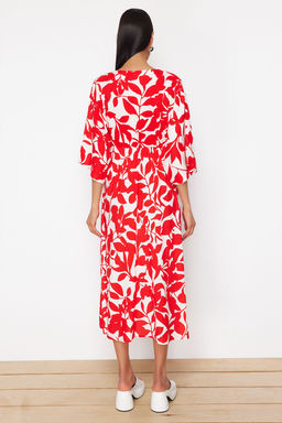 K?rm?z? Sal Desen A Kesim Kruvaze Yaka Midi Dokuma Elbise DWOSS24EL00913