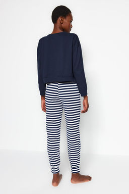Trendyolmilla Lacivert %100 Pamuklu Ay?c?kl? Orme Pijama Tak?m? THMAW21PT0302