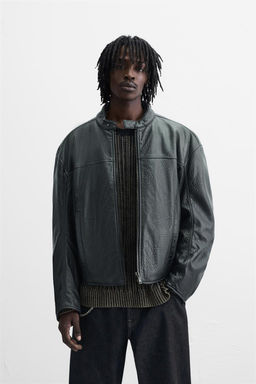 SPRAY EFFECT LEATHER BIKER JACKET