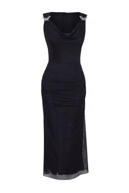 TRENDYOLMILLA Siyah Degaje Yaka Aksesuar Detayl? Astarl? Tul Orme S?k Elbise TPRSS25EL00042  фото 6